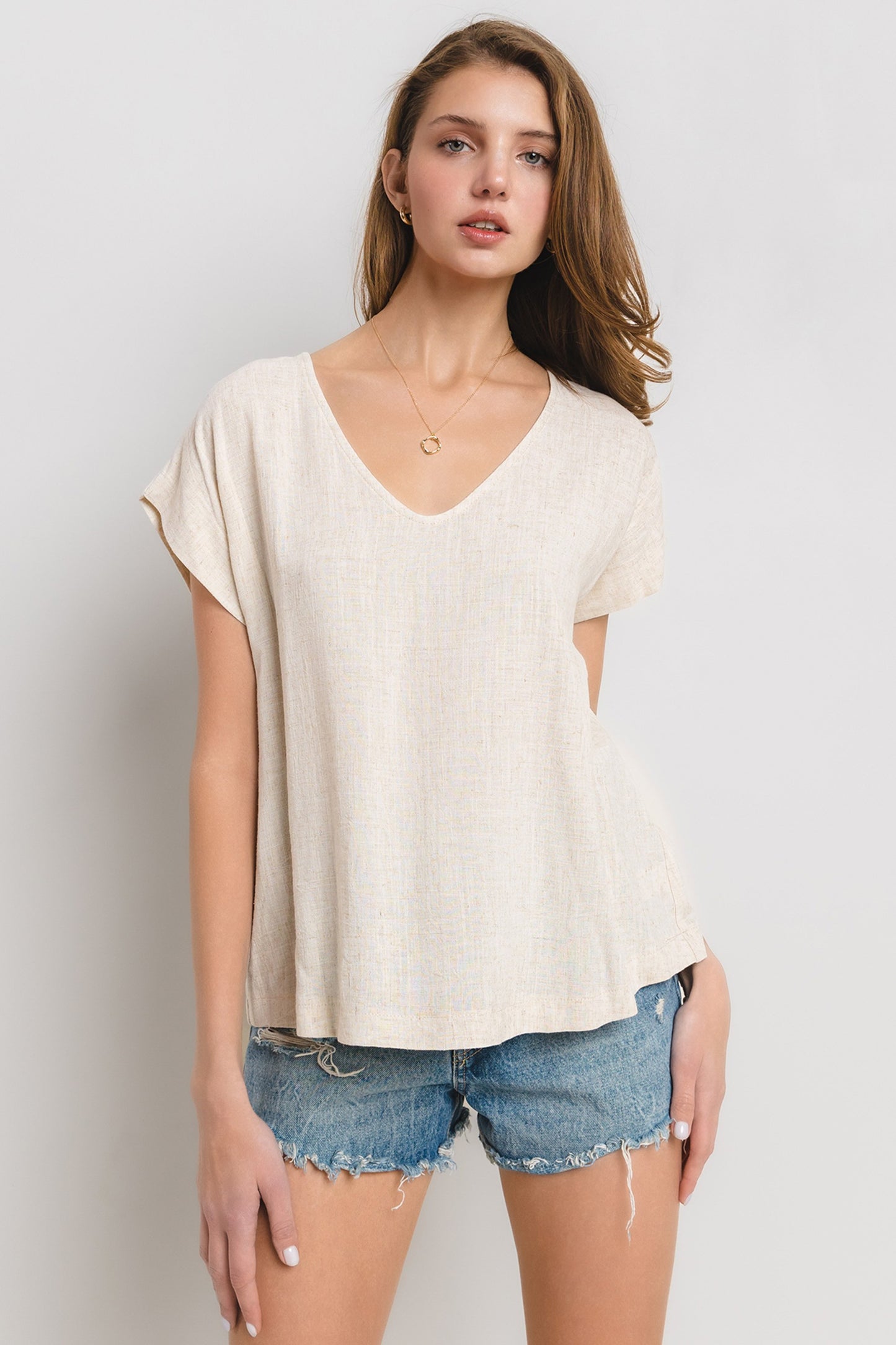 Solid Linen V-neck Short Sleeve Top - Final Sale