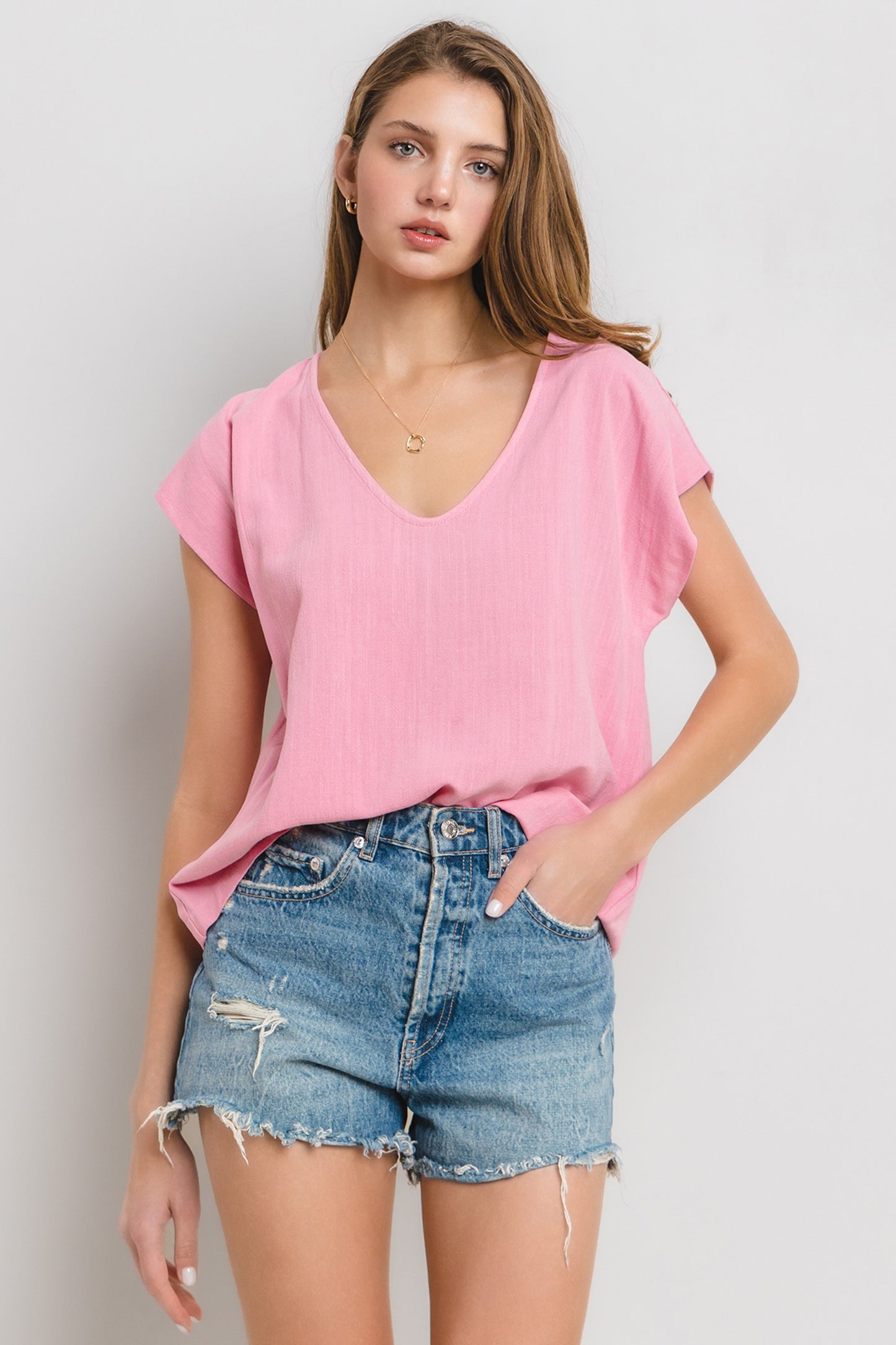 Solid Linen V-neck Short Sleeve Top - Final Sale