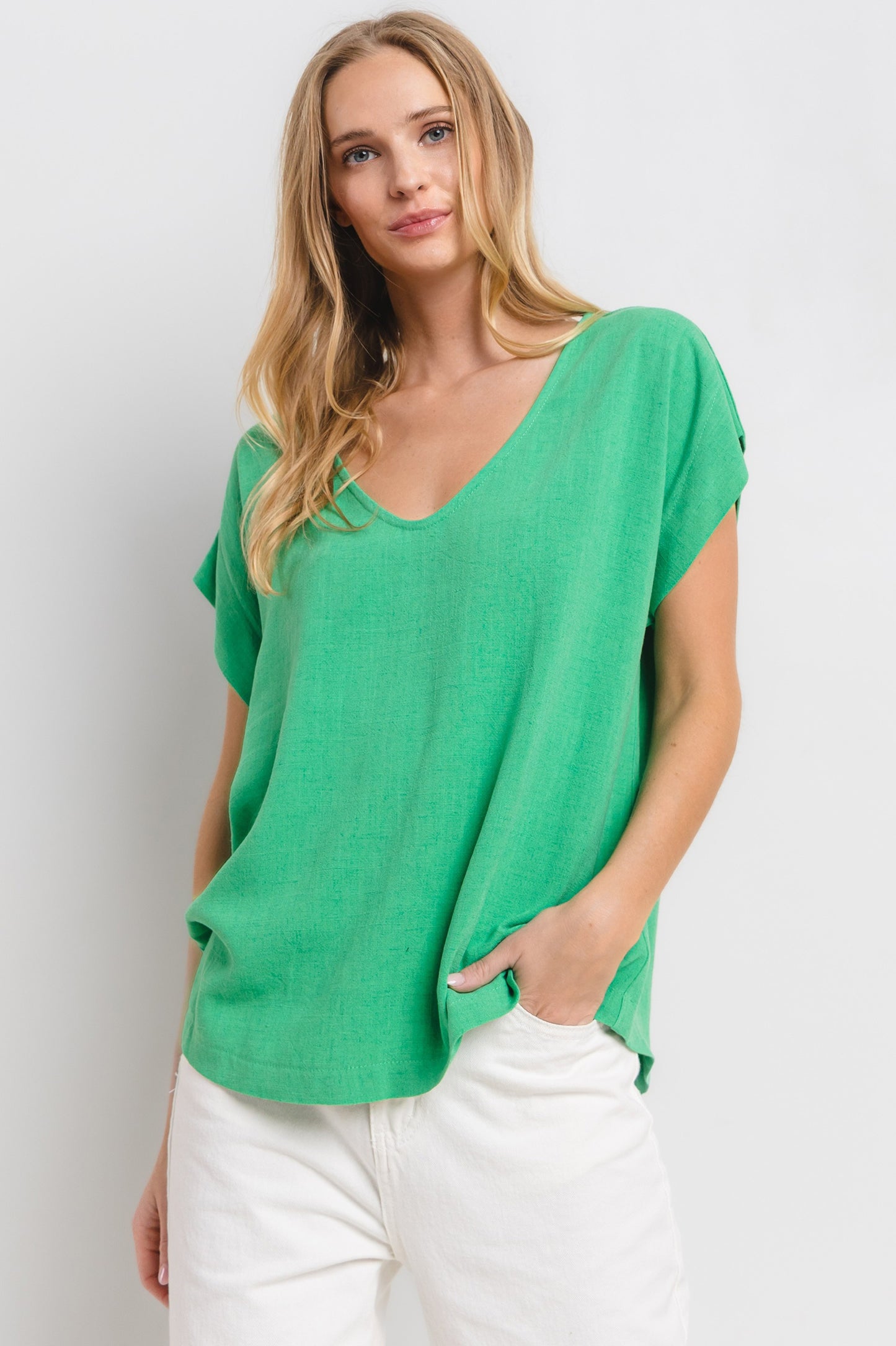 Solid Linen V-neck Short Sleeve Top - Final Sale