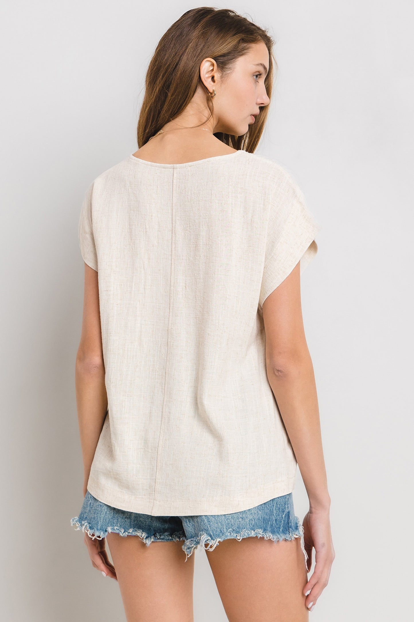 Solid Linen V-neck Short Sleeve Top - Final Sale