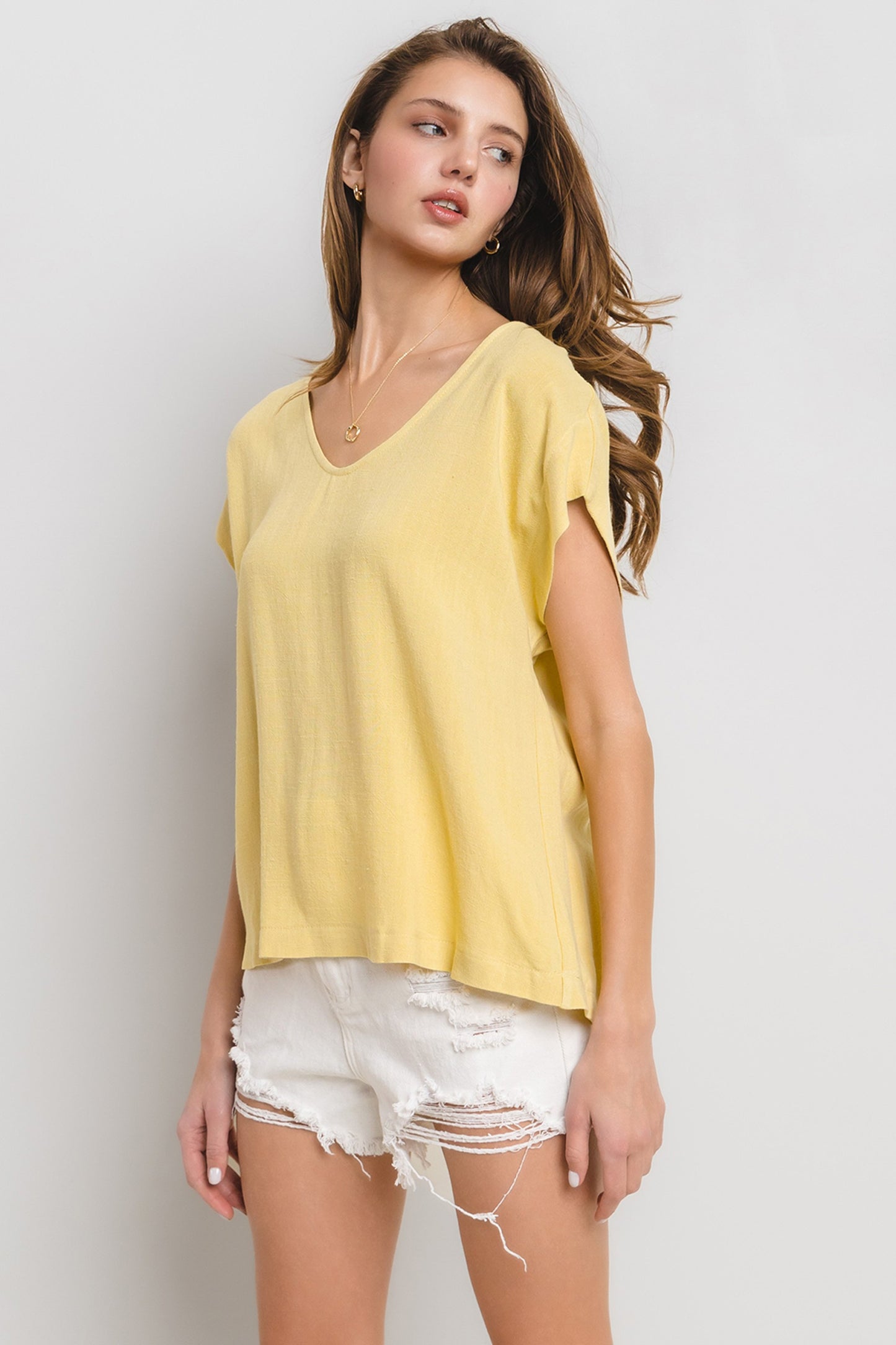 Solid Linen V-neck Short Sleeve Top - Final Sale