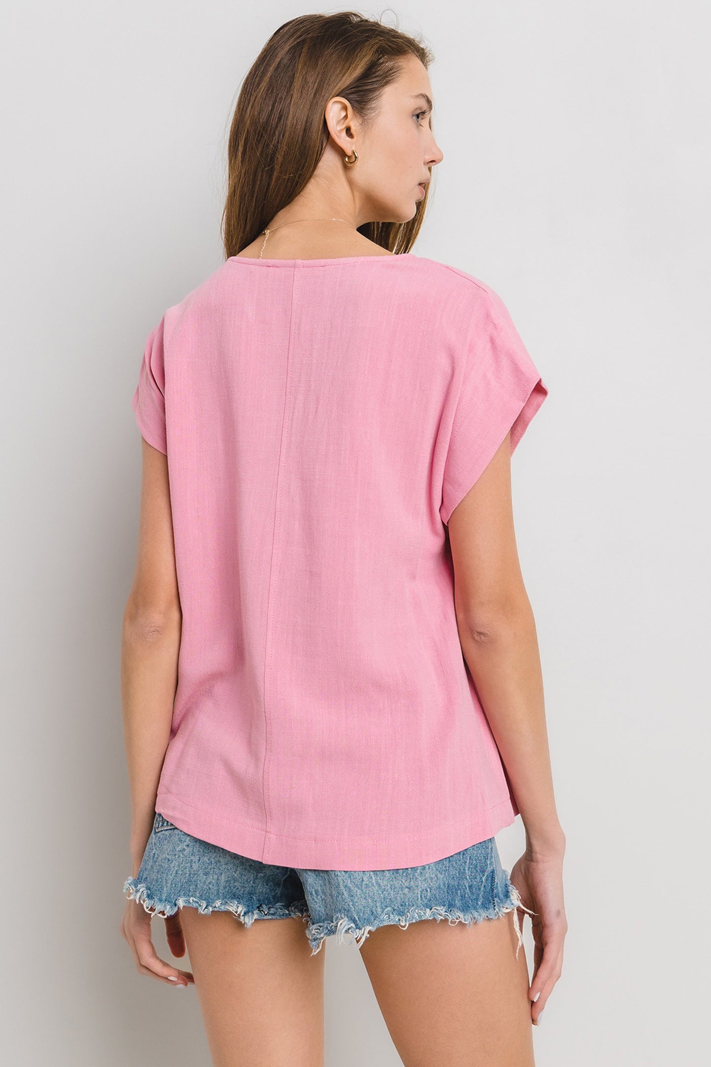 Solid Linen V-neck Short Sleeve Top - Final Sale