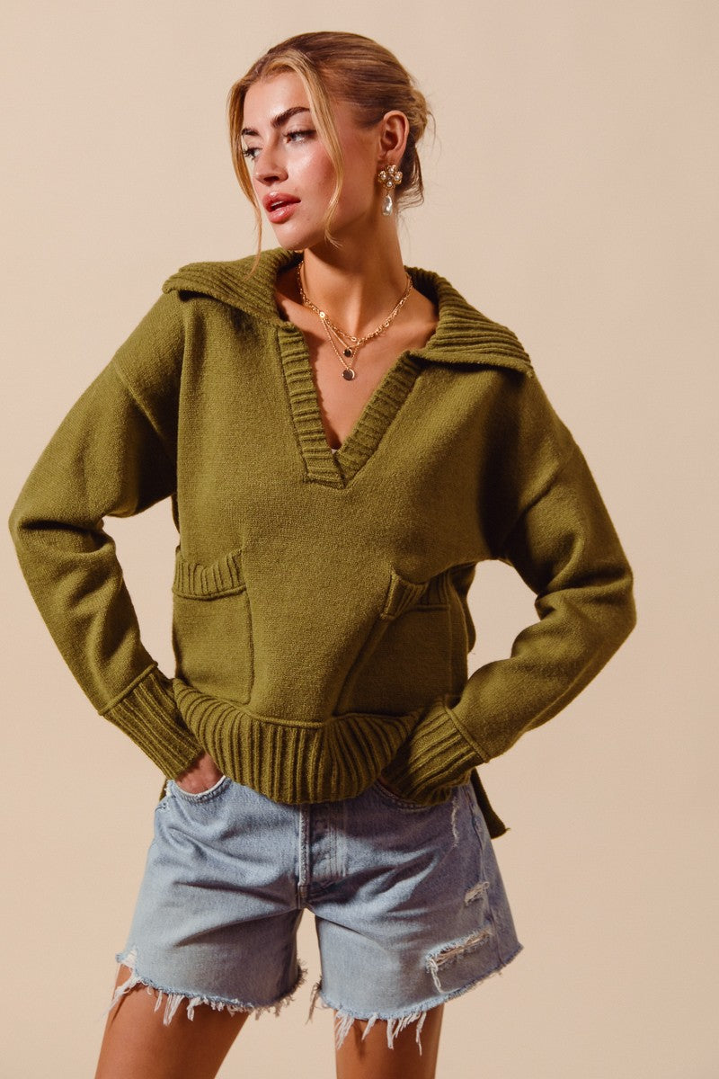 Flap Collar Sweater Pullover Top With Patch Pocket (3 COLORS) | SO ME *LA LIVE PREORDER 3.2.1
