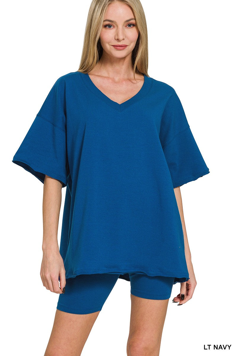 Cotton V-neck Top & Biker Shorts Set | ZENANA (2 COLORS)