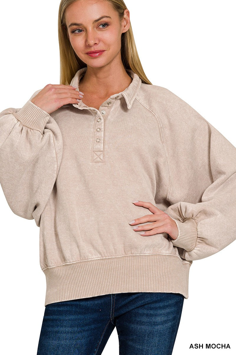 The Jennie Acid Wash Fleece Button Up Collared Pullover | ZENANA (7 COLORS) DEAL