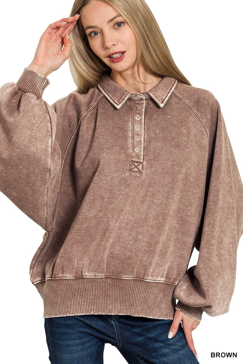 The Jennie Acid Wash Fleece Button Up Collared Pullover | ZENANA (7 COLORS) DEAL