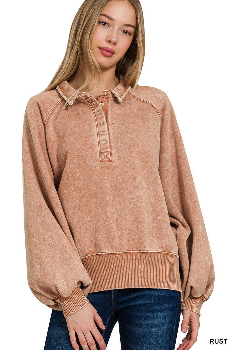 The Jennie Acid Wash Fleece Button Up Collared Pullover | ZENANA (7 COLORS) DEAL