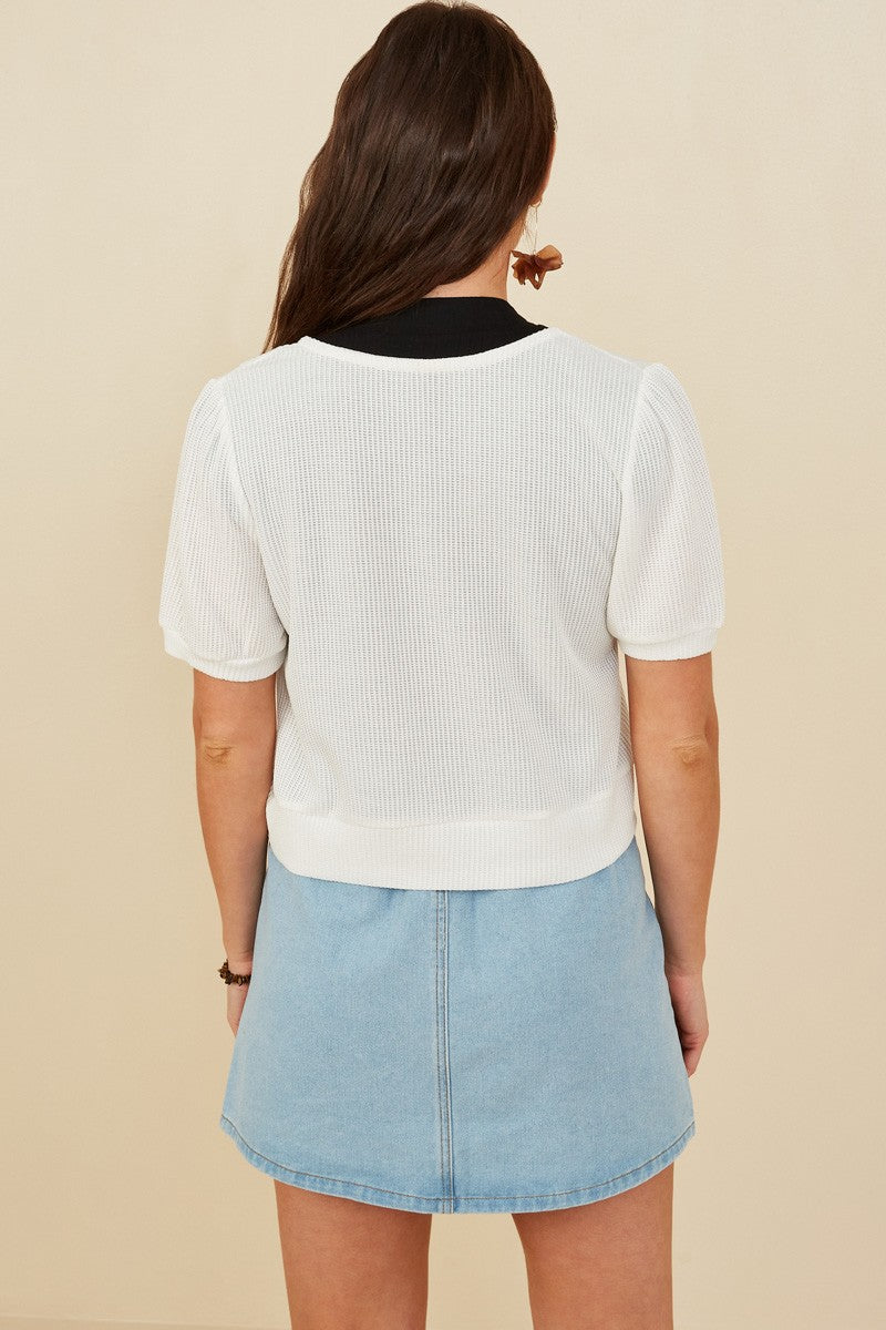 White Ribbed Knit Bow Short Sleeve Open Top | FINAL SALE