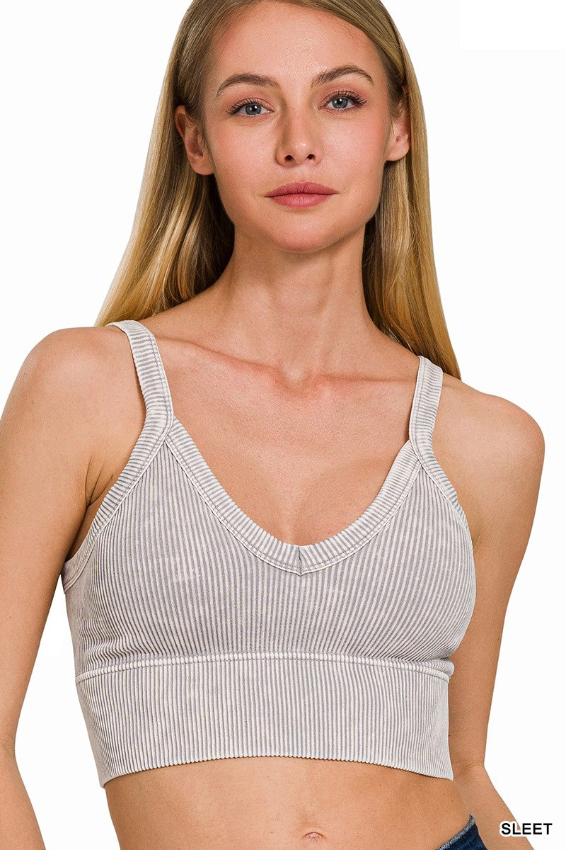 Stone Washed V-Neck Seamless Cropped Bra Top -Final Sale