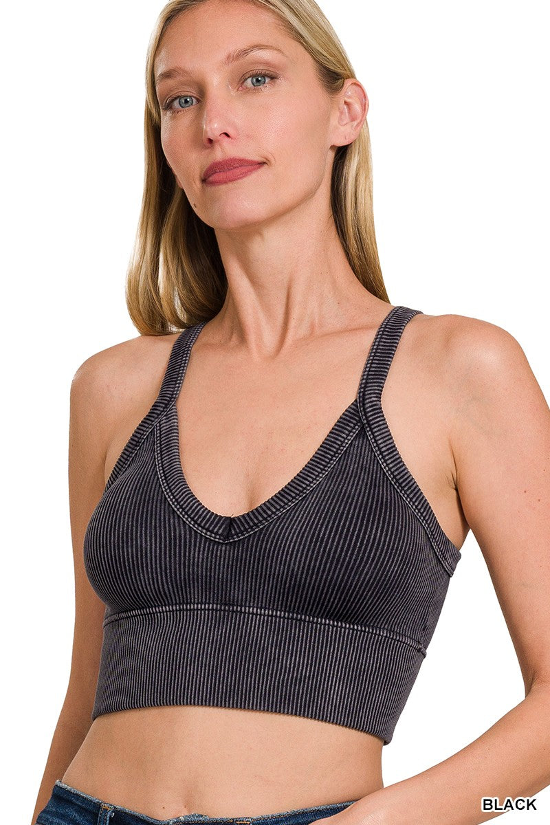 Stone Washed V-Neck Seamless Cropped Bra Top -Final Sale