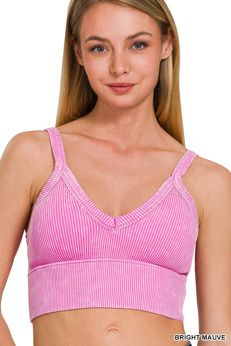 Stone Washed V-Neck Seamless Cropped Bra Top -Final Sale