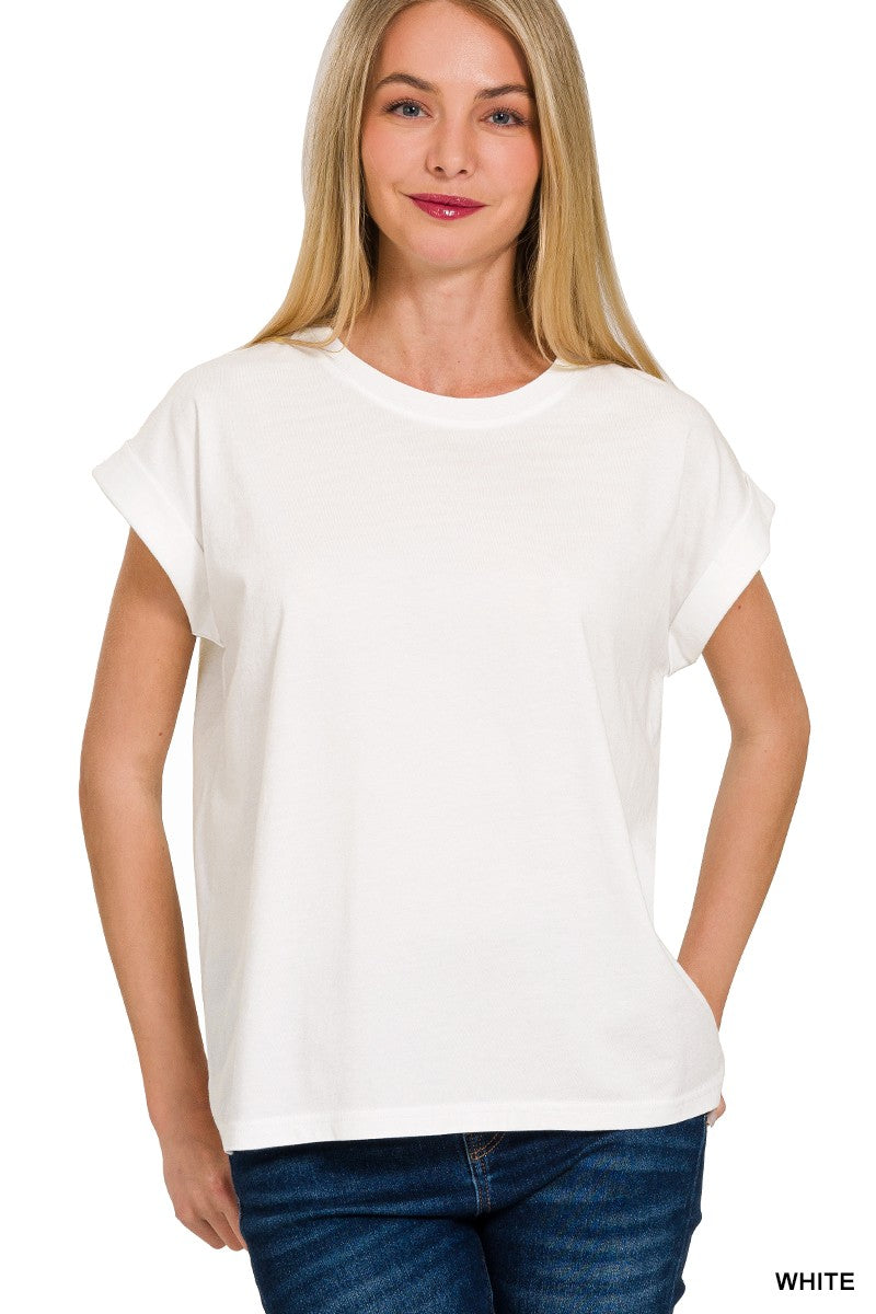Round Neck Folded Short Sleeve T-shirt Top | ZENANA *DEAL