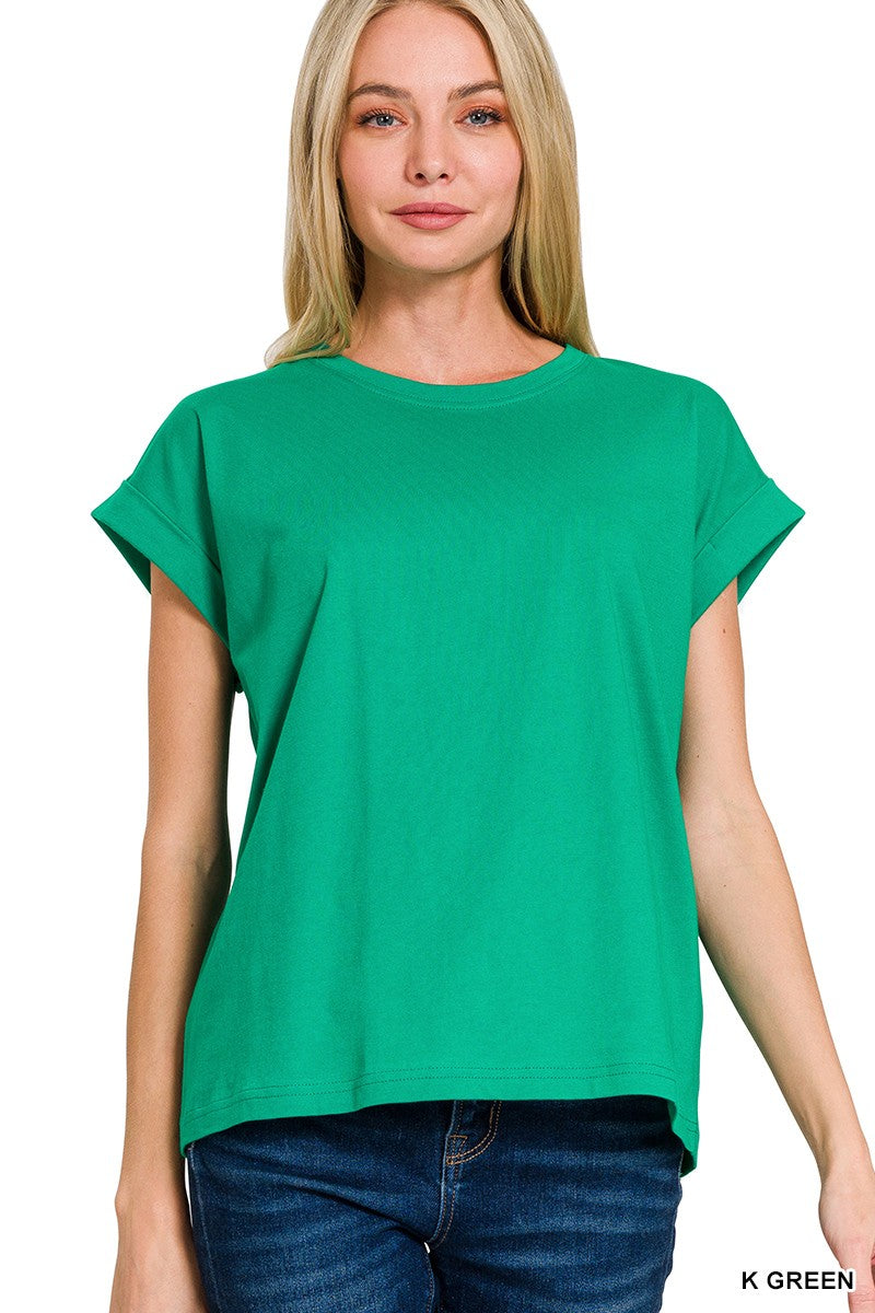 Round Neck Folded Short Sleeve T-shirt Top | ZENANA *DEAL