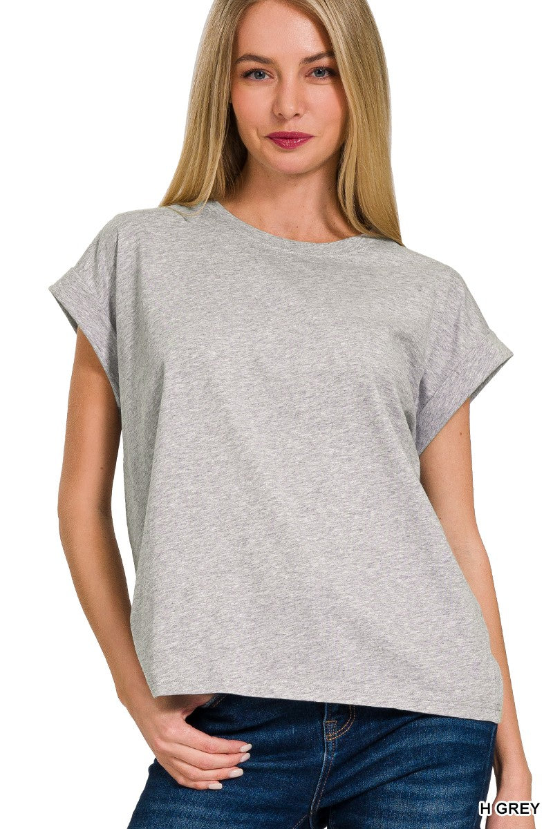 Round Neck Folded Short Sleeve T-shirt Top | ZENANA *DEAL