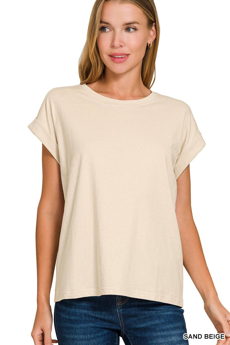 Round Neck Folded Short Sleeve T-shirt Top | ZENANA *DEAL
