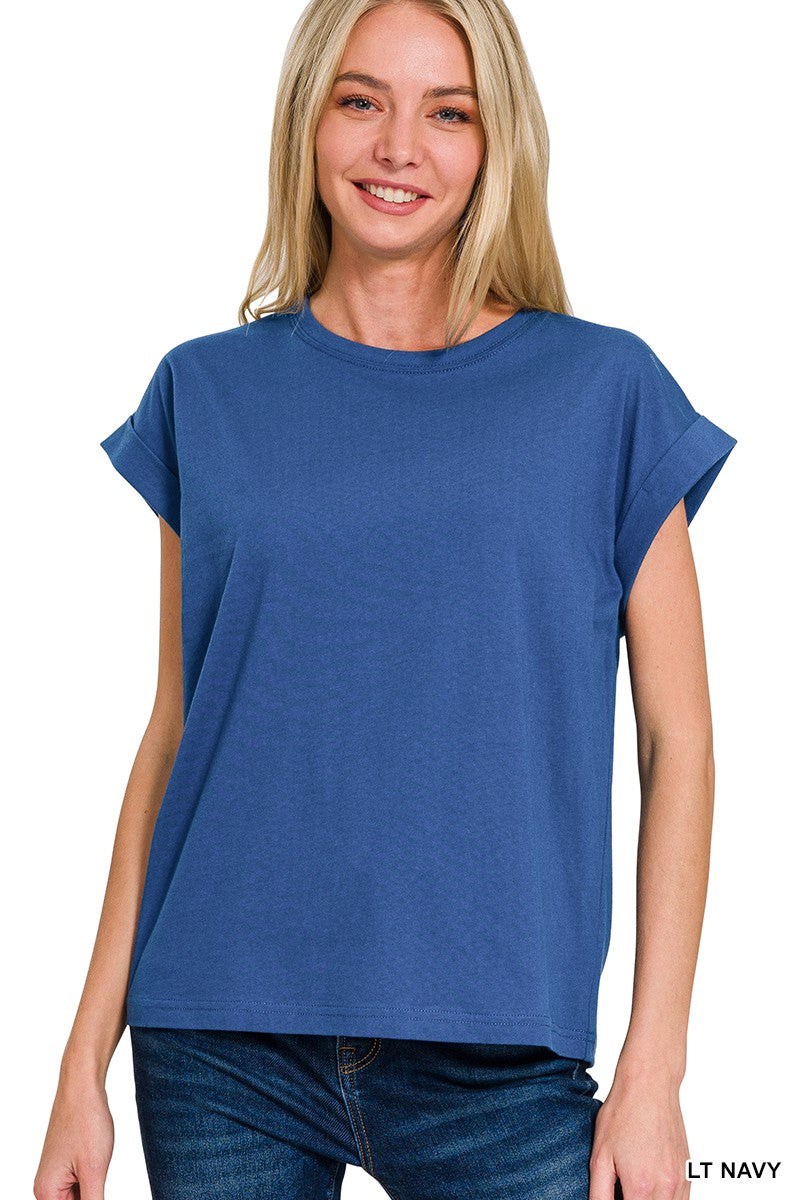 Round Neck Folded Short Sleeve T-shirt Top | ZENANA *DEAL