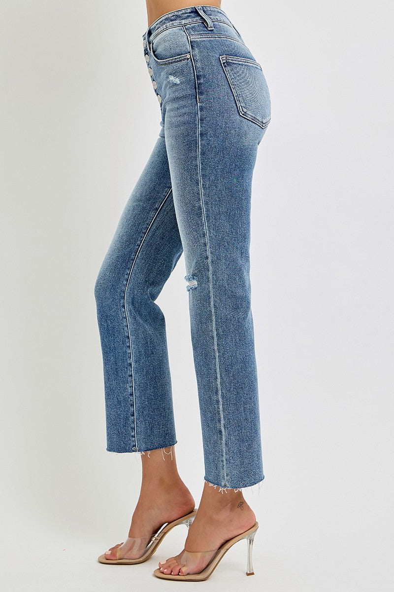 High Rise Crop Straight Button Down Distressed Denim Jean | RISEN - Final Sale
