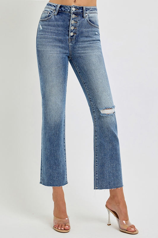 High Rise Crop Straight Button Down Distressed Denim Jean | RISEN - Final Sale