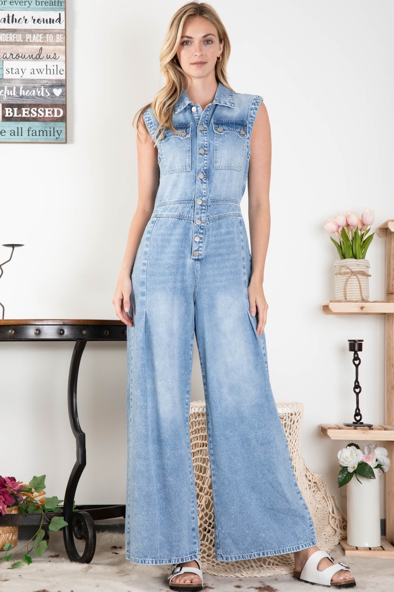 Sleeveless Denim Button Down Stretchy Jumpsuit** - Final Sale