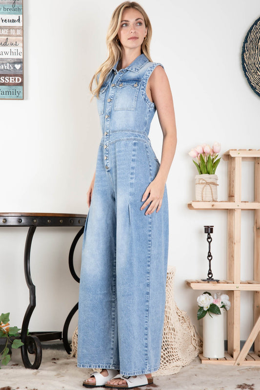 Sleeveless Denim Button Down Stretchy Jumpsuit** - Final Sale