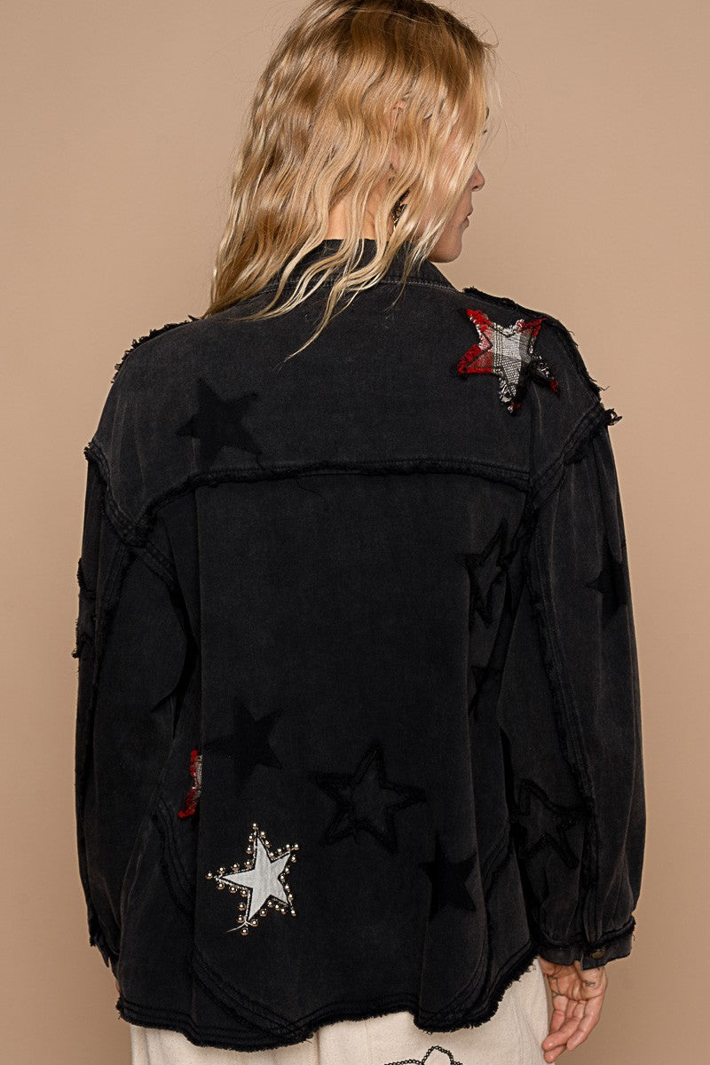 Getting Edgy Denim Star Patch Button Down Top | POL - Final Sale*
