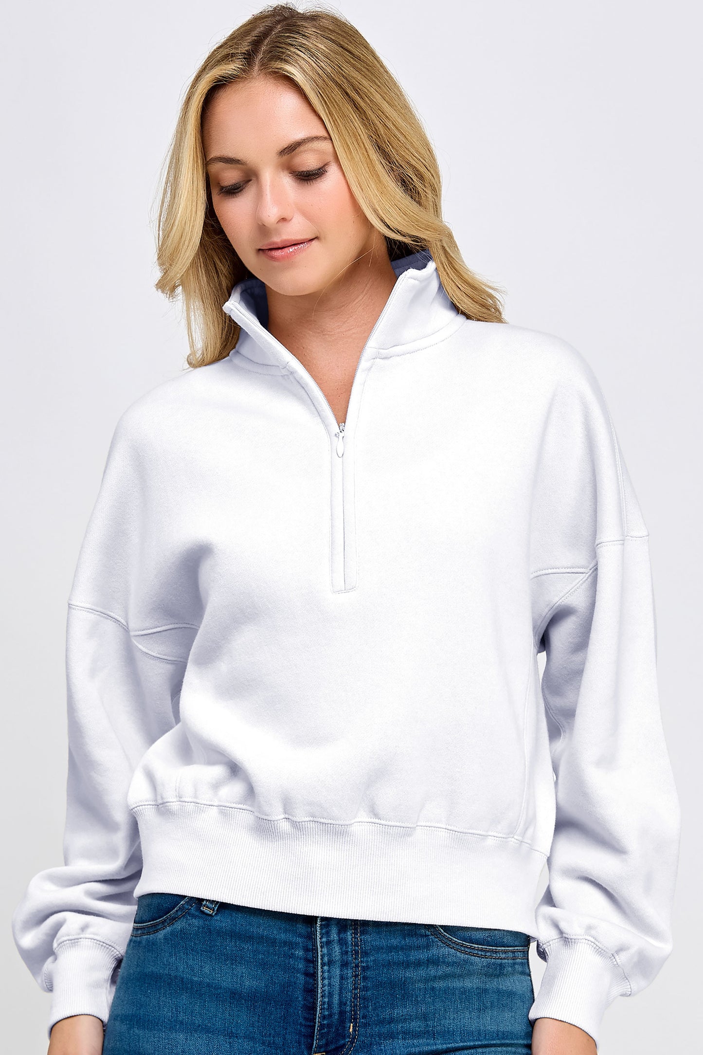 Fleece Comfy Half Zip Sweatshirt With Mock Neckline