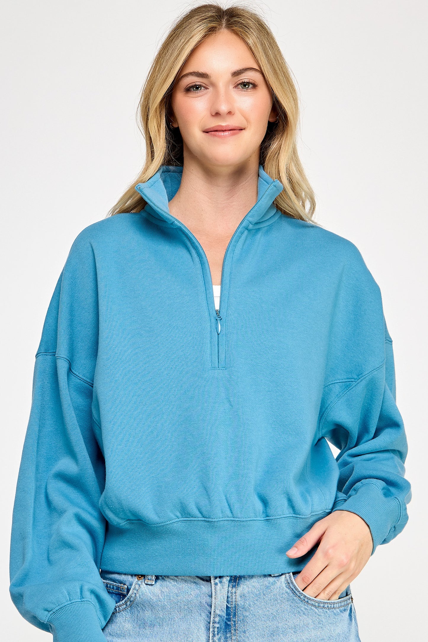 Fleece Comfy Half Zip Sweatshirt With Mock Neckline