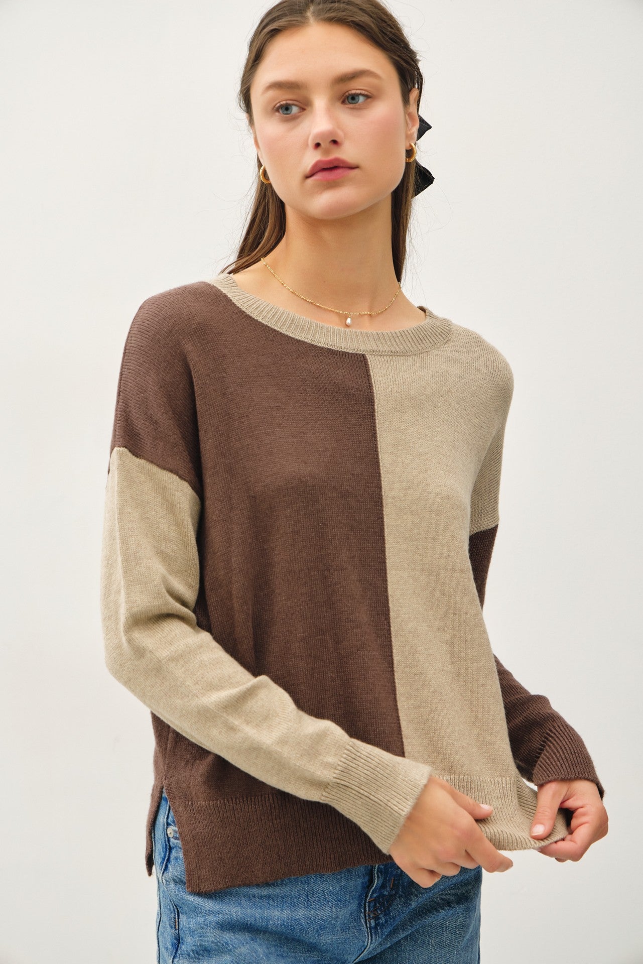 Color Block Basic Round Neck Sweater** - Final Sale
