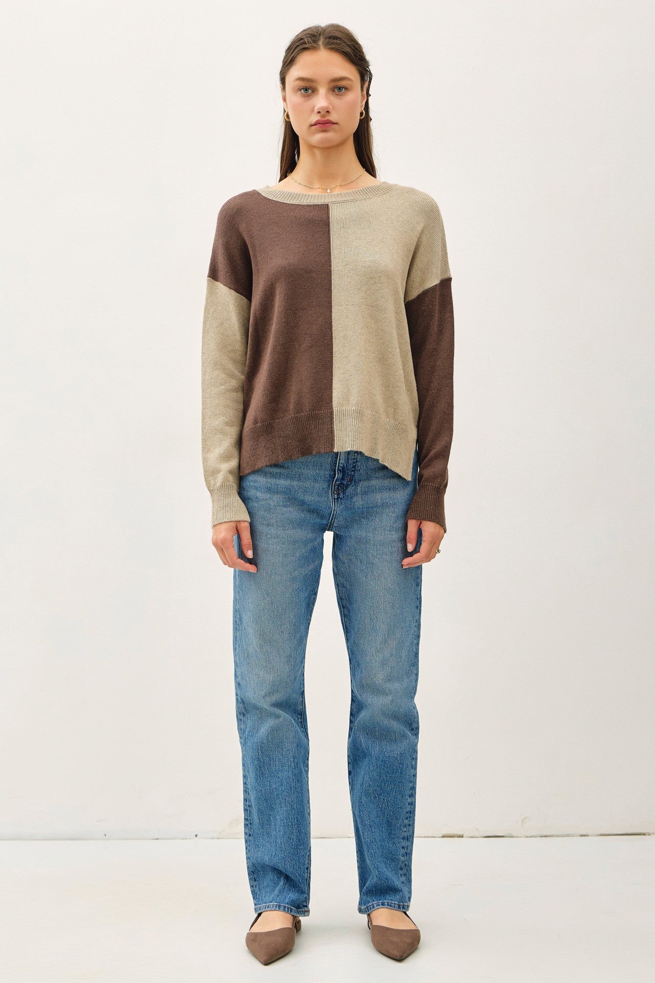 Color Block Basic Round Neck Sweater** - Final Sale