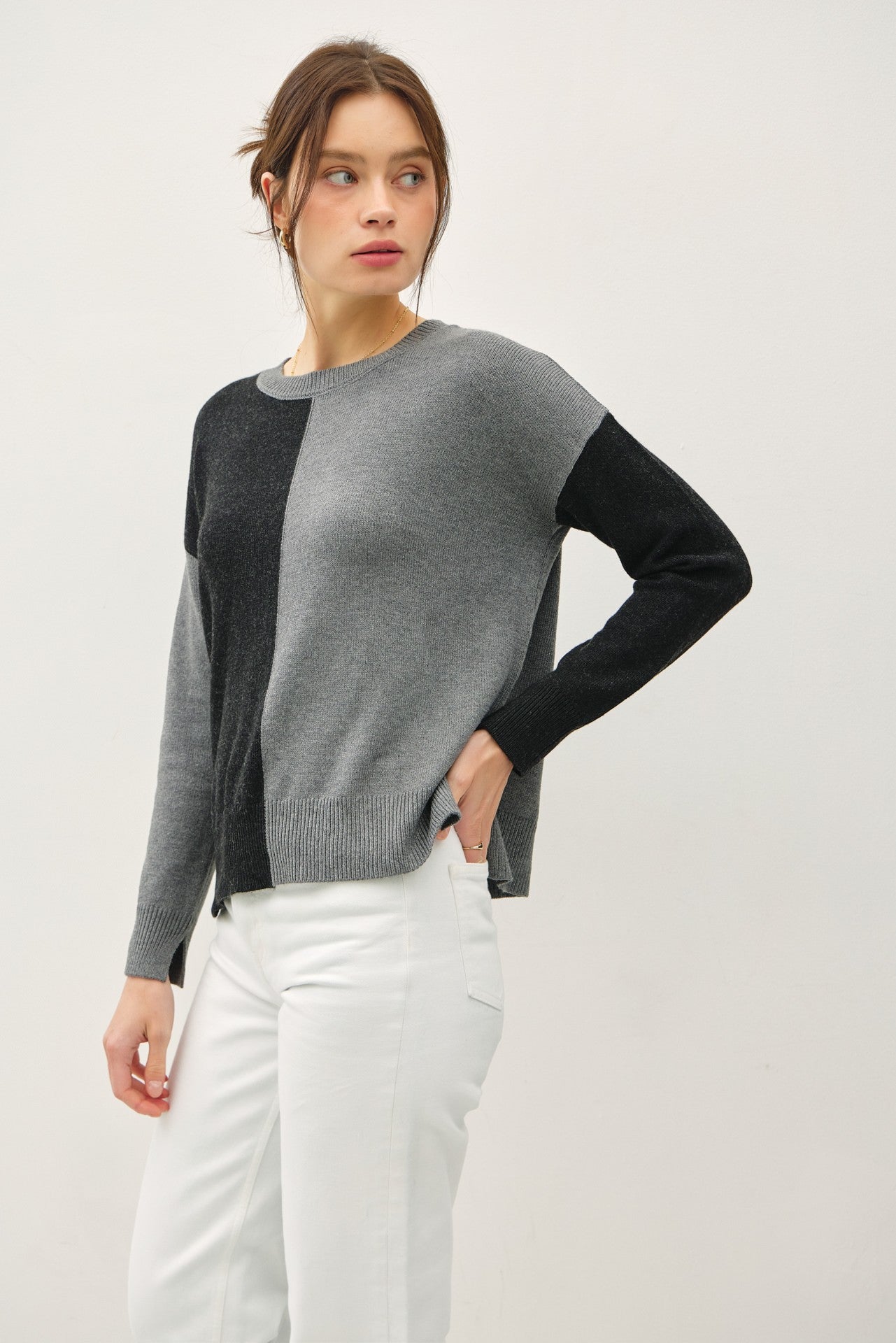 Color Block Basic Round Neck Sweater** - Final Sale
