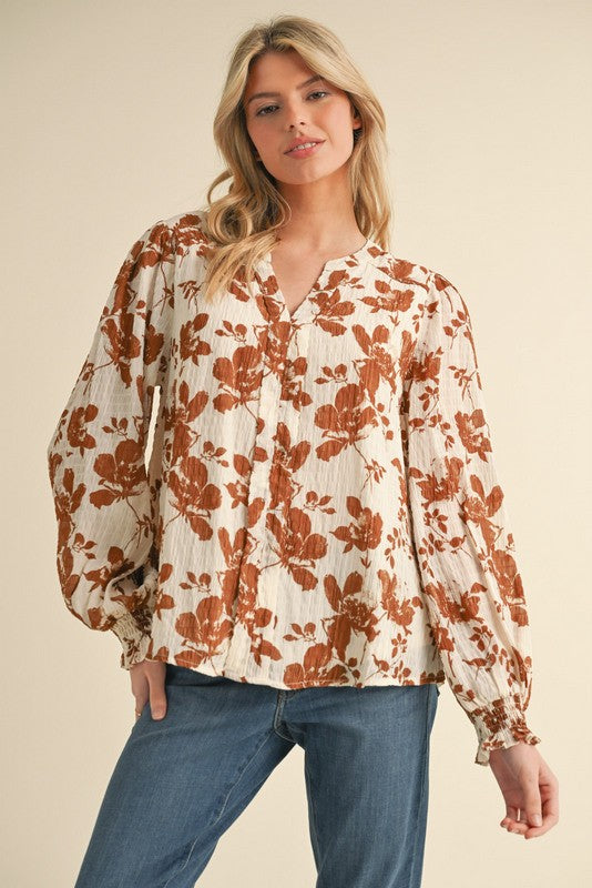 Floral Print Long Poet Sleeves Top - Final Sale