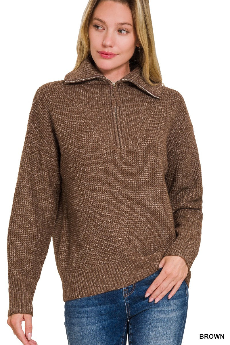 Half Zip High Collard Pullover Sweater (8 COLORS) | ZENANA *LA LIVE PREORDER