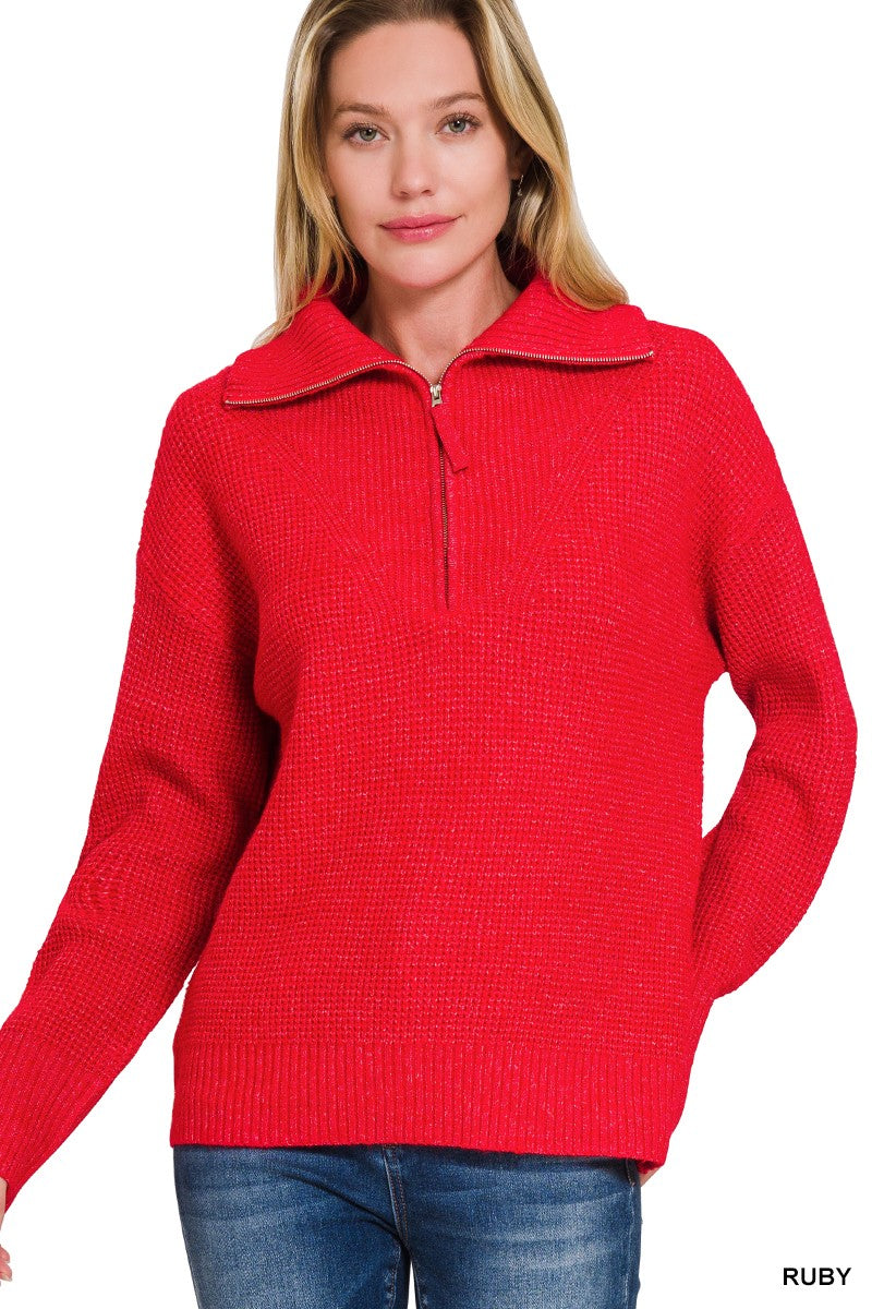 Half Zip High Collard Pullover Sweater (8 COLORS) | ZENANA *LA LIVE PREORDER
