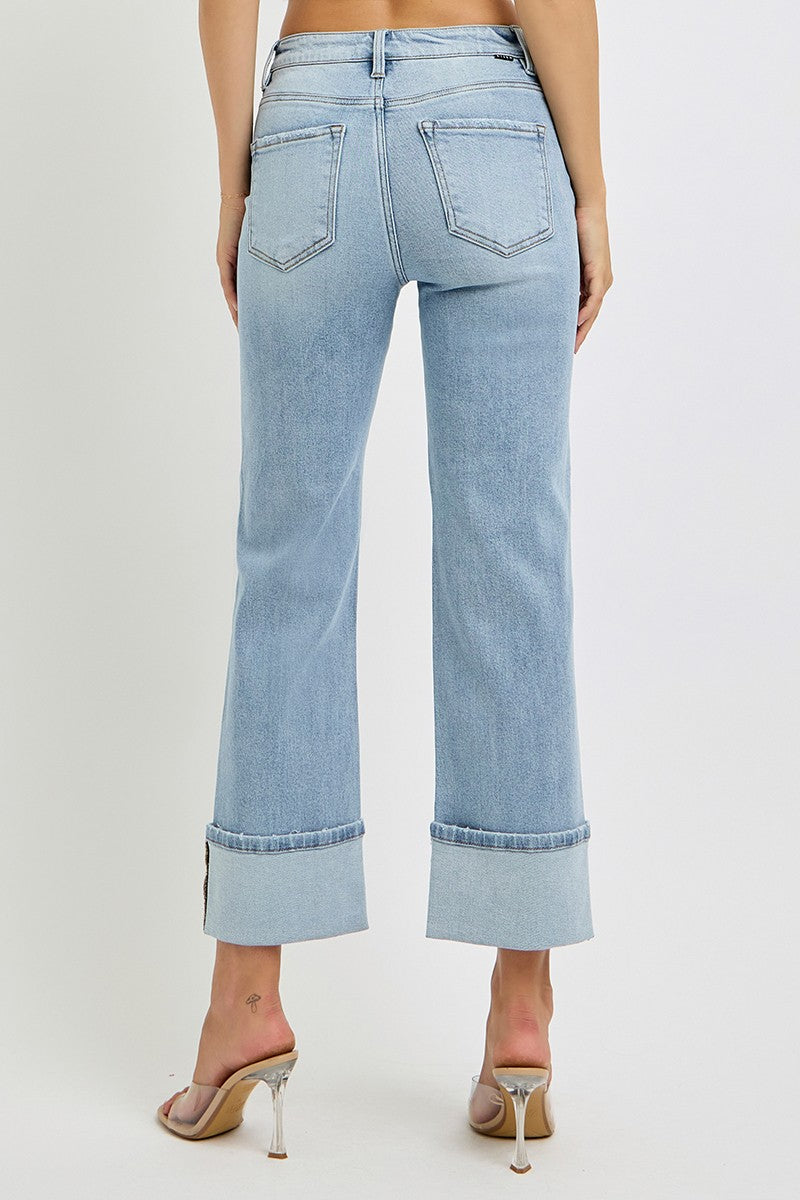 High Rise Ankle Straight Wide Cuffed Denim Jeans | RISEN