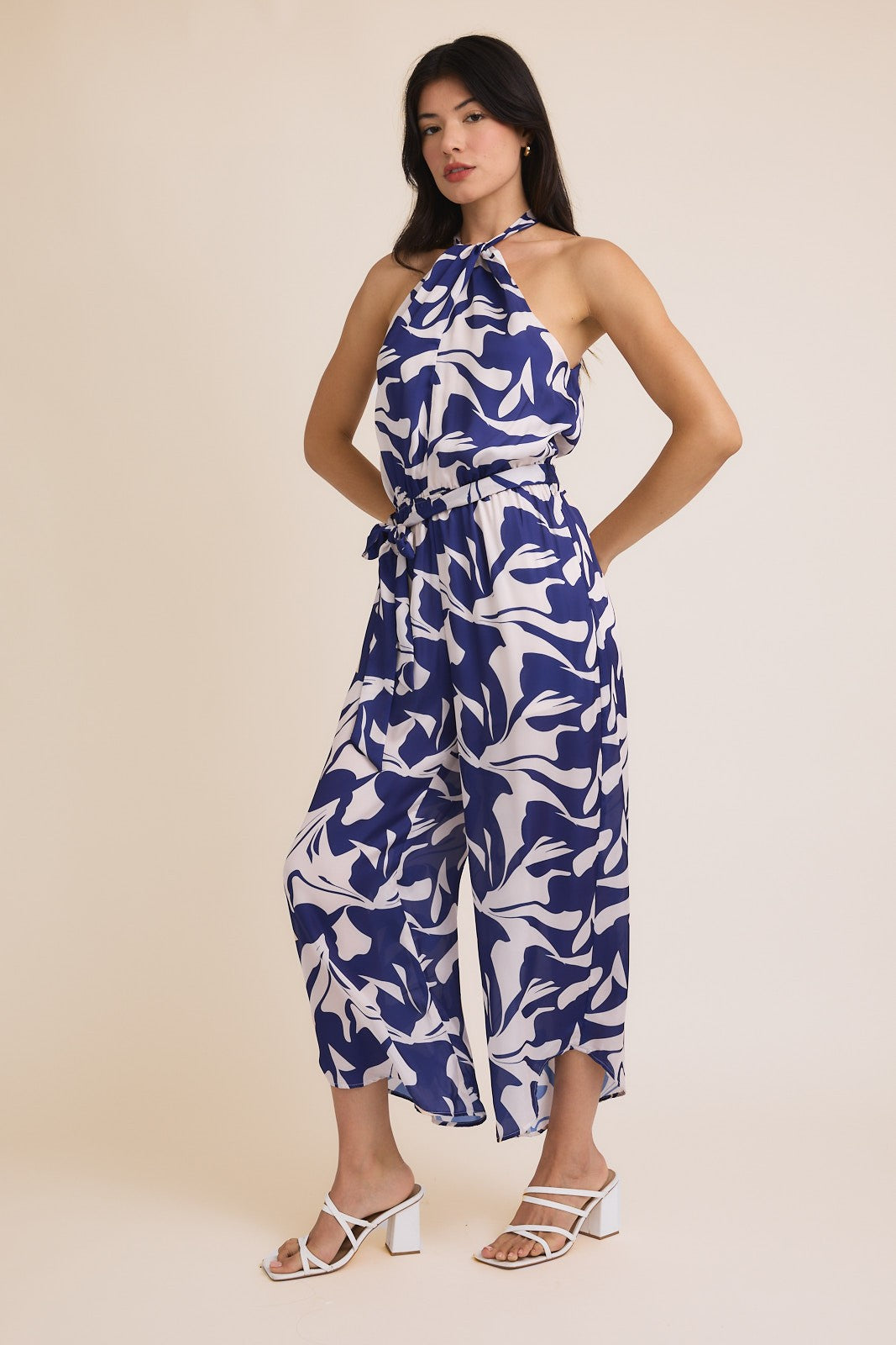 Navy Abstract Sleeveless Tie Jumpsuit - Final Sale