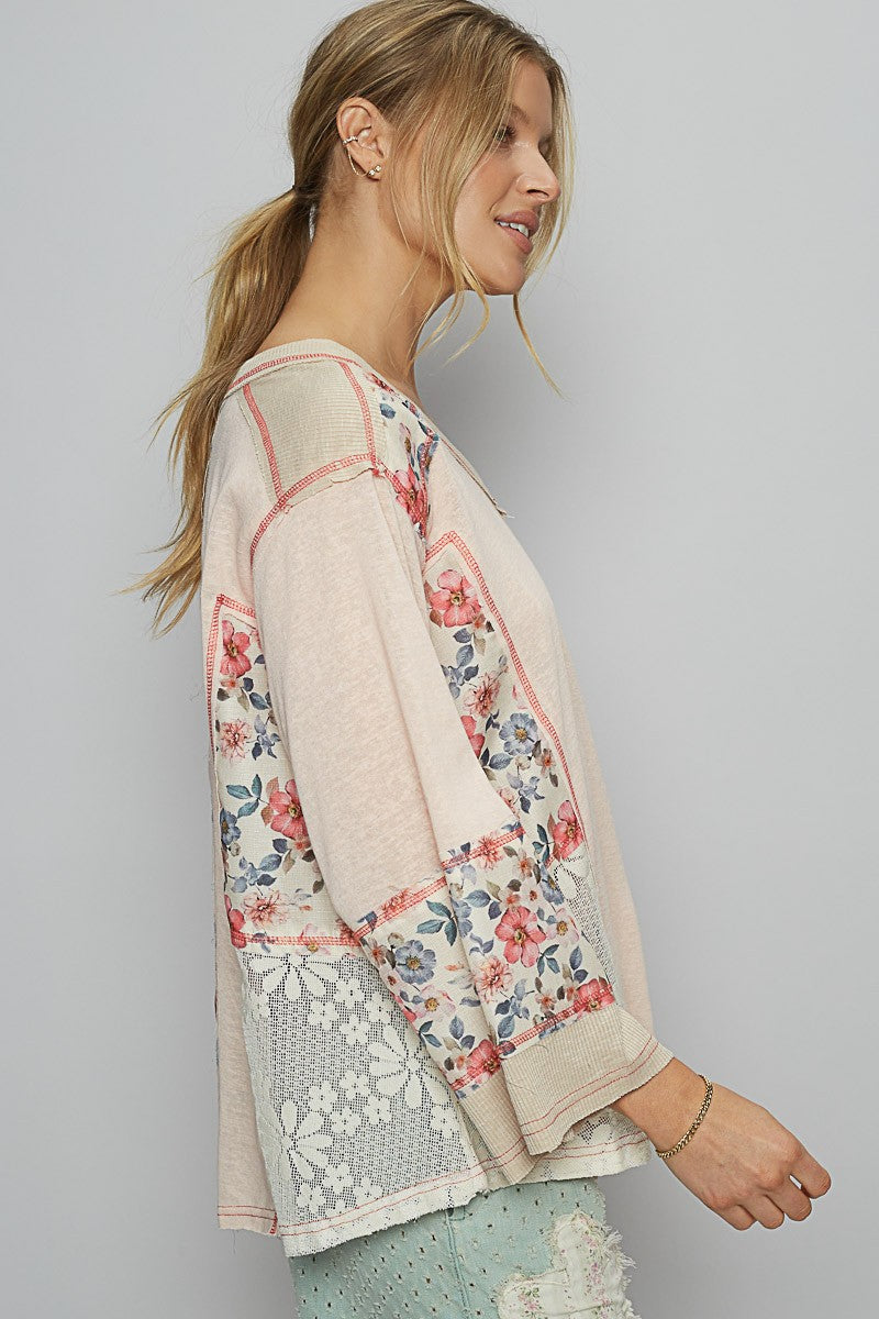 V-neck long sleeve floral print contrast solid top | POL - Final Sale