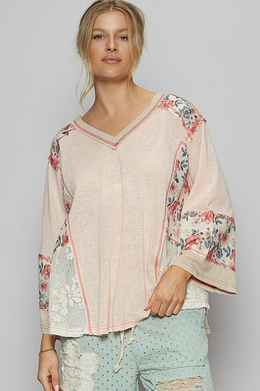 V-neck long sleeve floral print contrast solid top | POL - Final Sale
