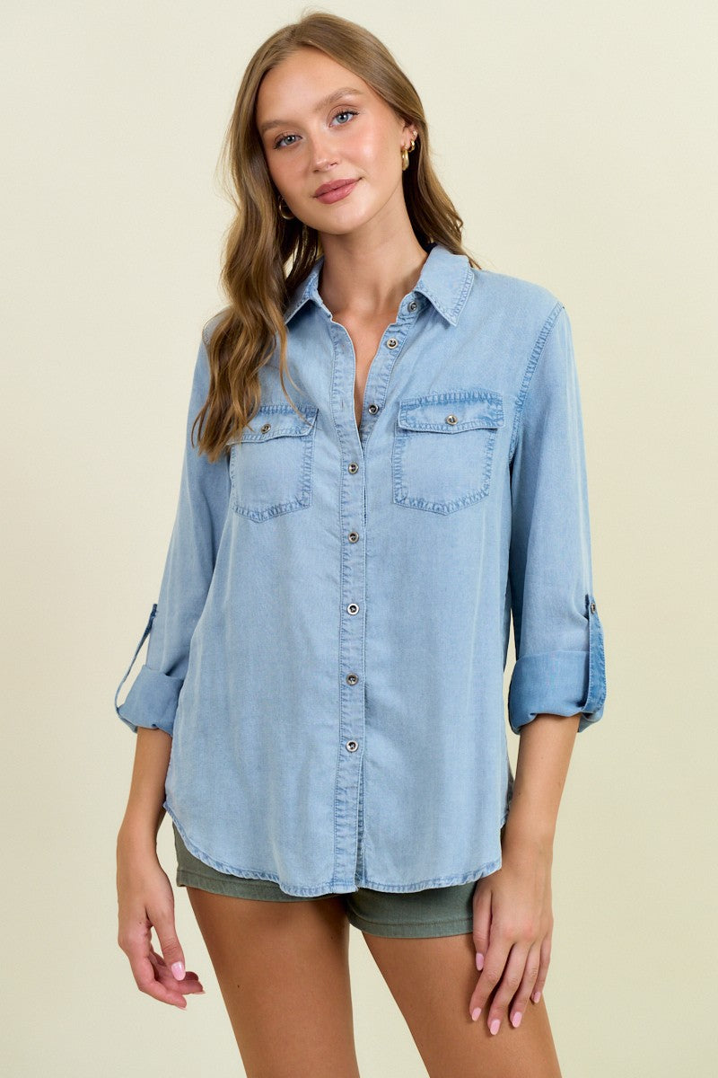 The Easygoing Chambray Button Down Shirt With Roll Up Sleeve