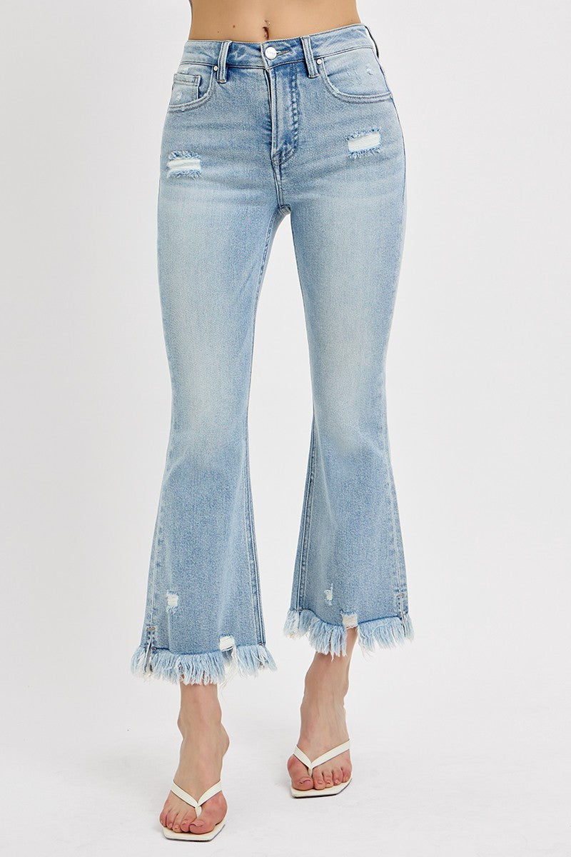 Light Wash Tummy Control High Rise Flare Denim Jeans | Risen