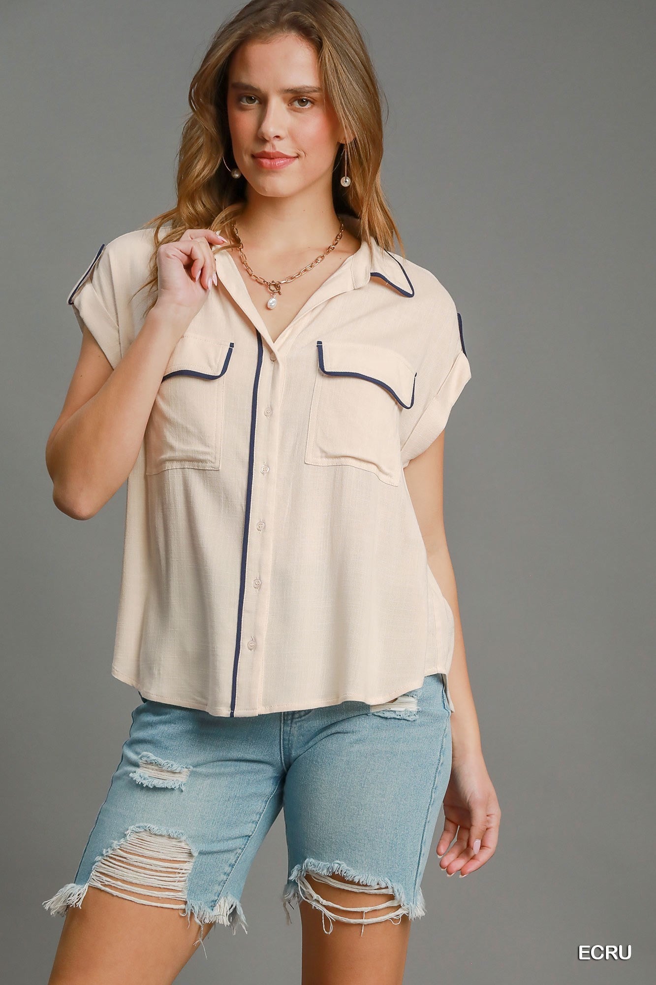 Washed Utility Double Flap Pockets Top | Umgee - Final Sale