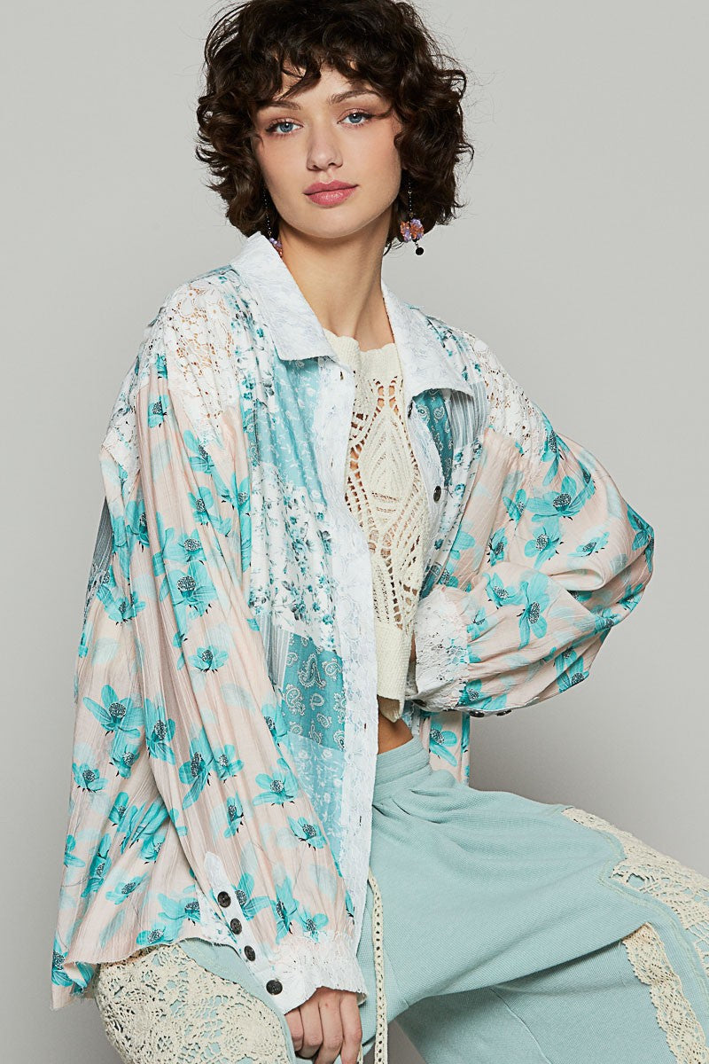 Balloon Sleeve Lace Detail Woven Print Shirt Top