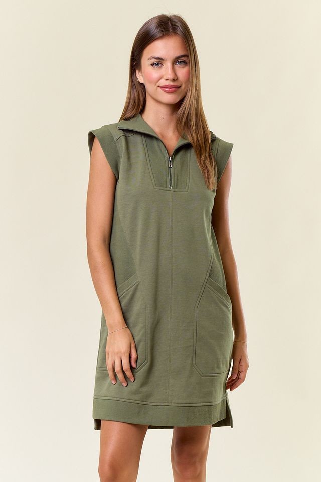 Zip-front Cap Sleeve Mini Dress W/ Front Pockets