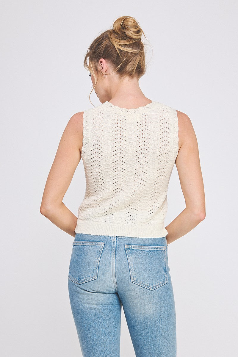 Cream Scallop Design Pointelle Knit Tank Top - Final Sale