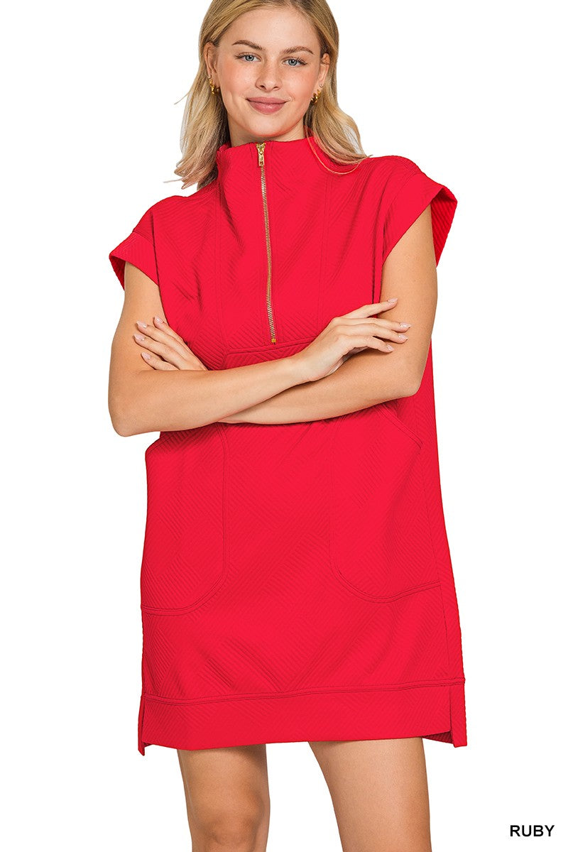 Textured Knit Jacquard Quarter Zipper Mini Dress (4 COLORS) | ZENANA *LA LIVE PREORDER