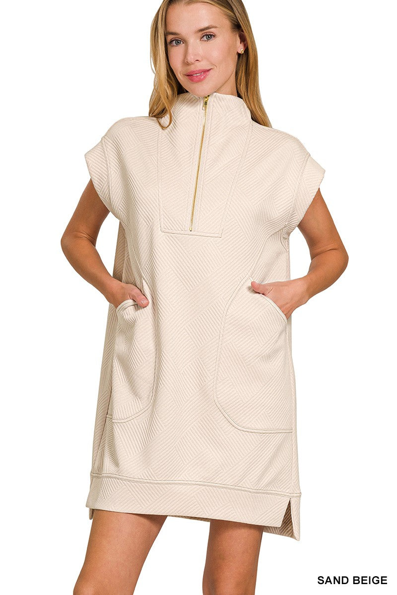Textured Knit Jacquard Quarter Zipper Mini Dress (4 COLORS) | ZENANA *LA LIVE PREORDER