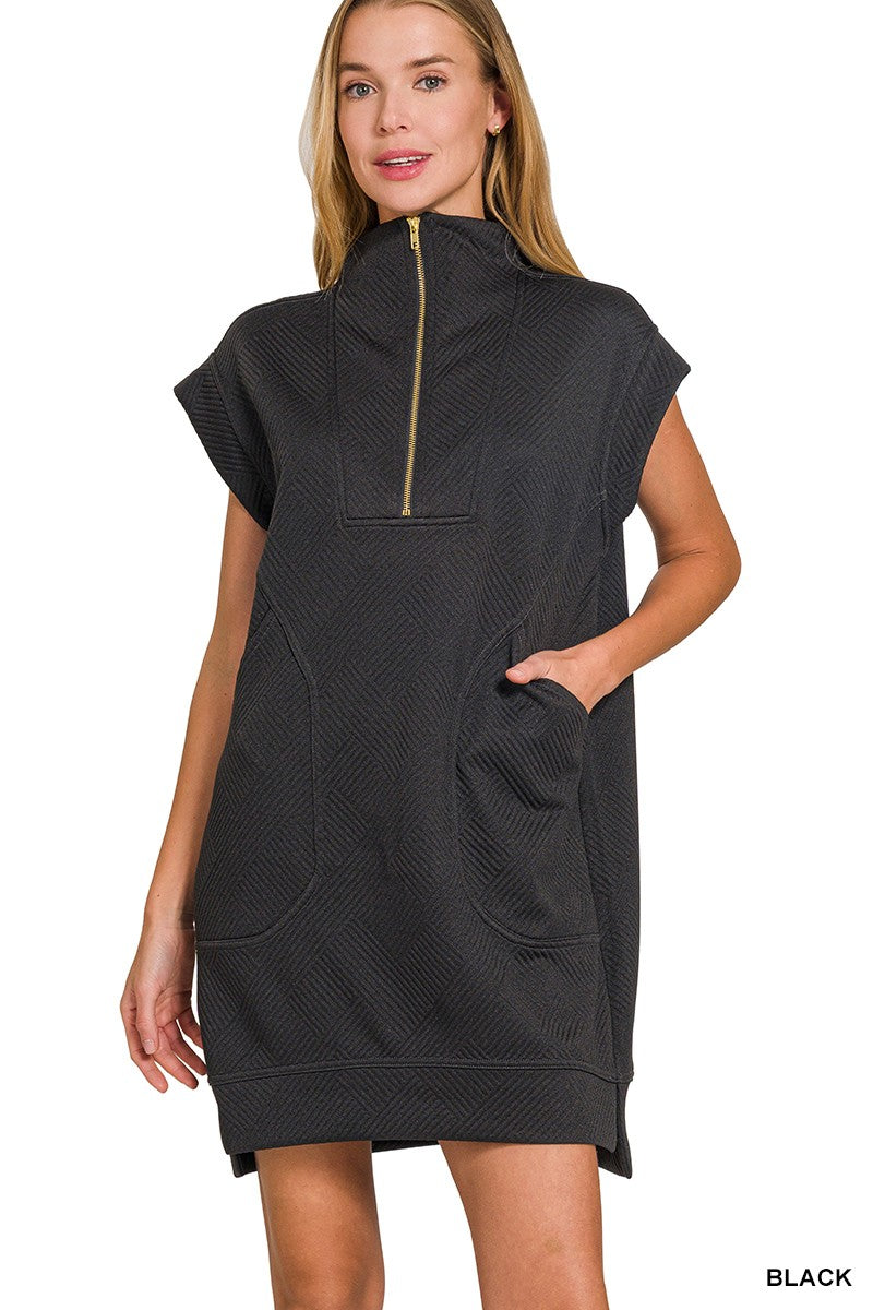 Textured Knit Jacquard Quarter Zipper Mini Dress (4 COLORS) | ZENANA *LA LIVE PREORDER
