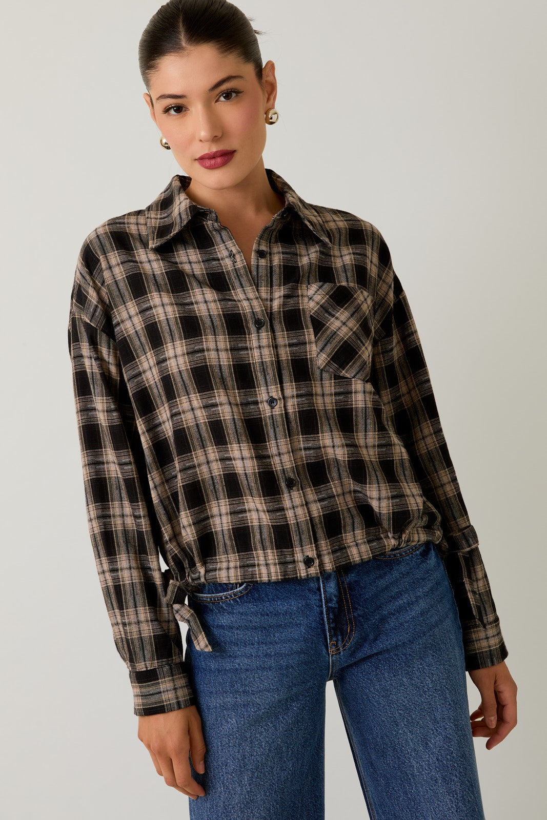 Side Hem Ruching Button Up Plaid Flannel Shirt | GILLI *30A SEPT PREORDER