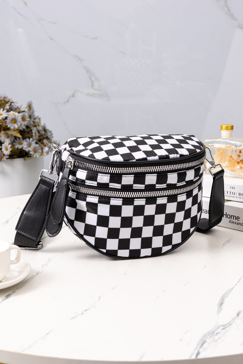 Checkered Double Zip Crescent Sling Bum Bag - DEAL