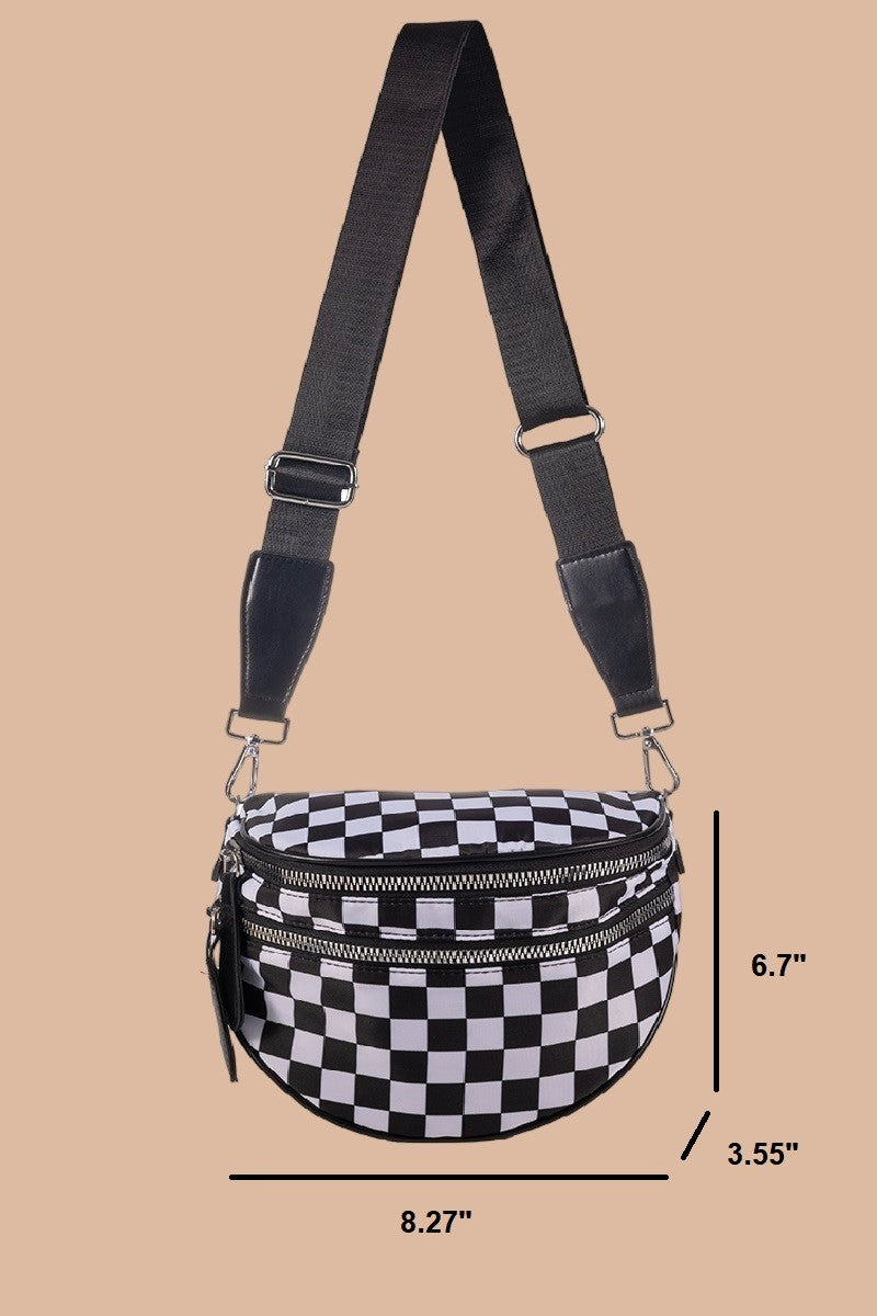 Checkered Double Zip Crescent Sling Bum Bag - DEAL