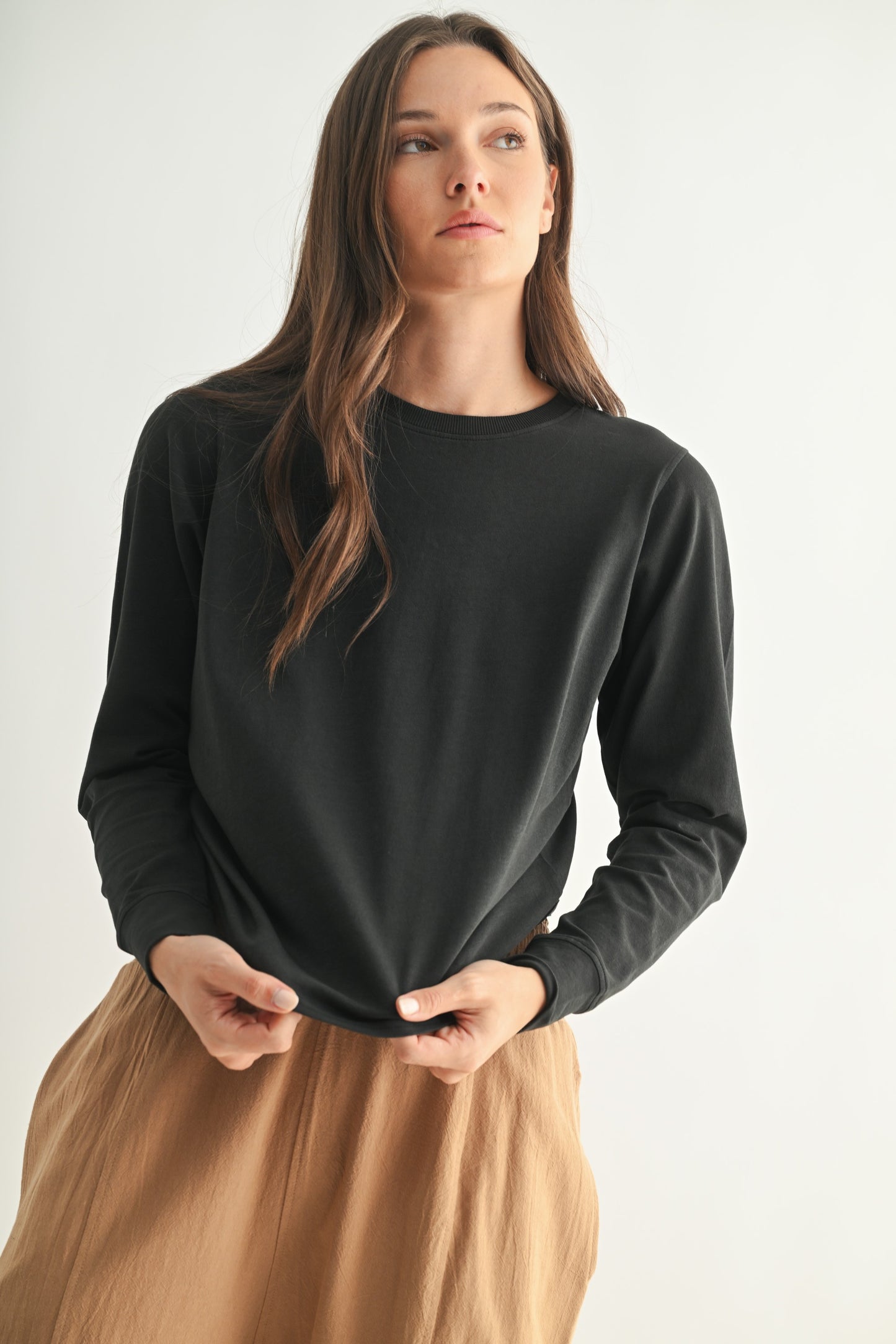 Stonewash Pima Cotton Boxy Long Sleeve Top | MONO B